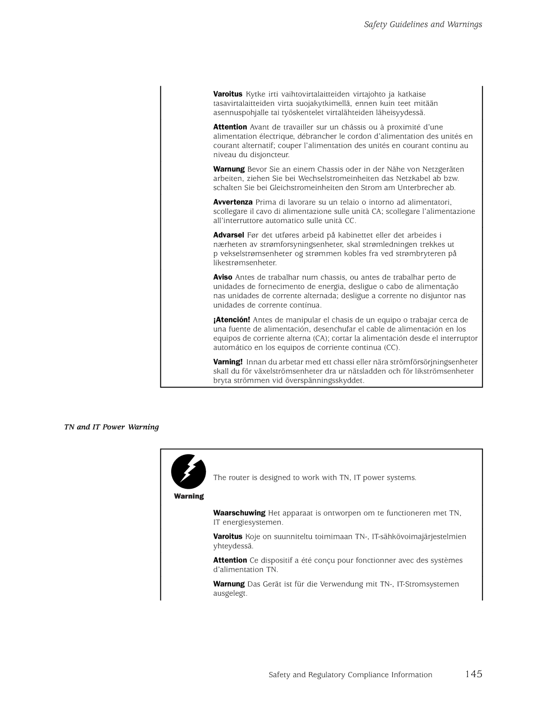 Juniper Networks M5, M10 manual 145, TN and IT Power Warning 