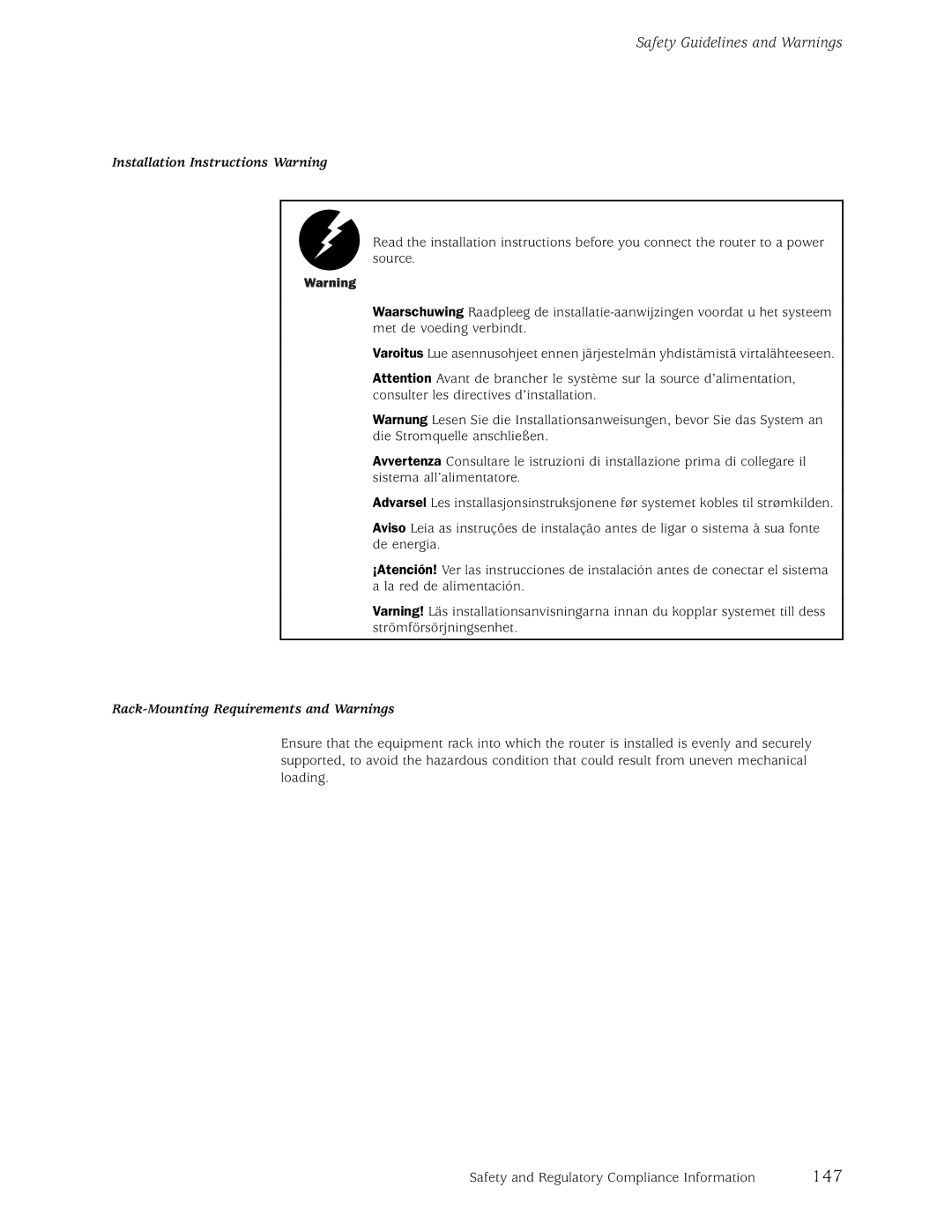 Juniper Networks M5, M10 manual 147, Installation Instructions Warning, Rack-Mounting Requirements and Warnings 