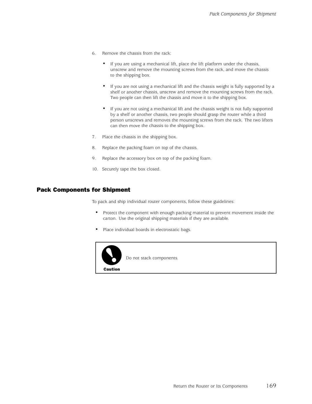 Juniper Networks M5, M10 manual Pack Components for Shipment, 169 