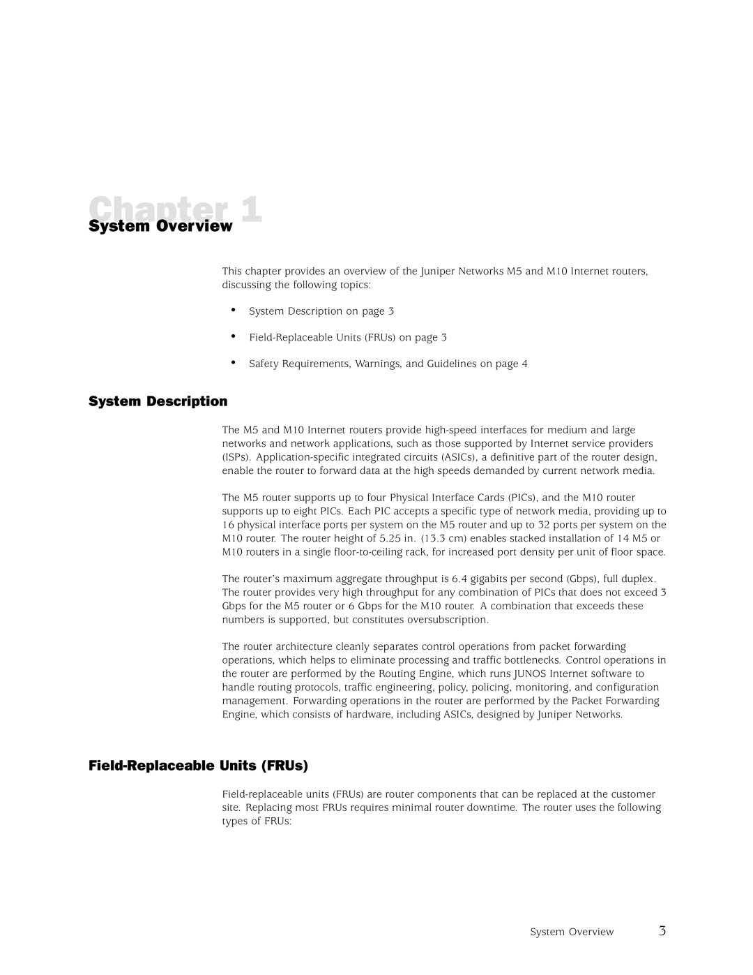 Juniper Networks M5, M10 manual System Overview, System Description, Field-Replaceable Units FRUs 