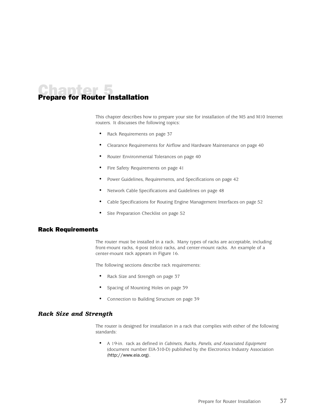 Juniper Networks M5, M10 manual Prepare for Router Installation, Rack Requirements, Rack Size and Strength 