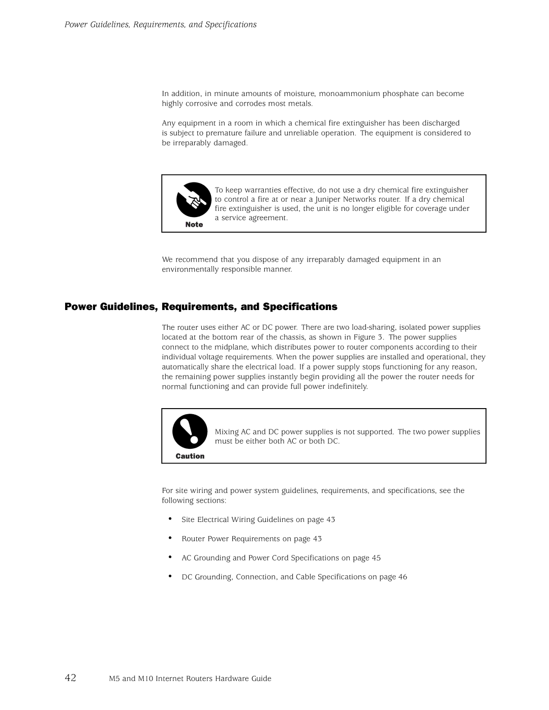 Juniper Networks M10, M5 manual Power Guidelines, Requirements, and Specifications 