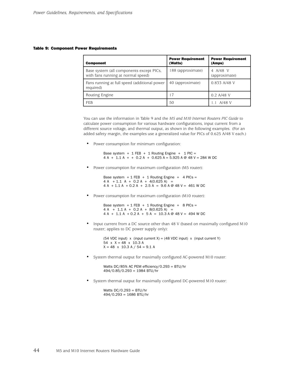 Juniper Networks M10, M5 manual Component Power Requirements, Feb 