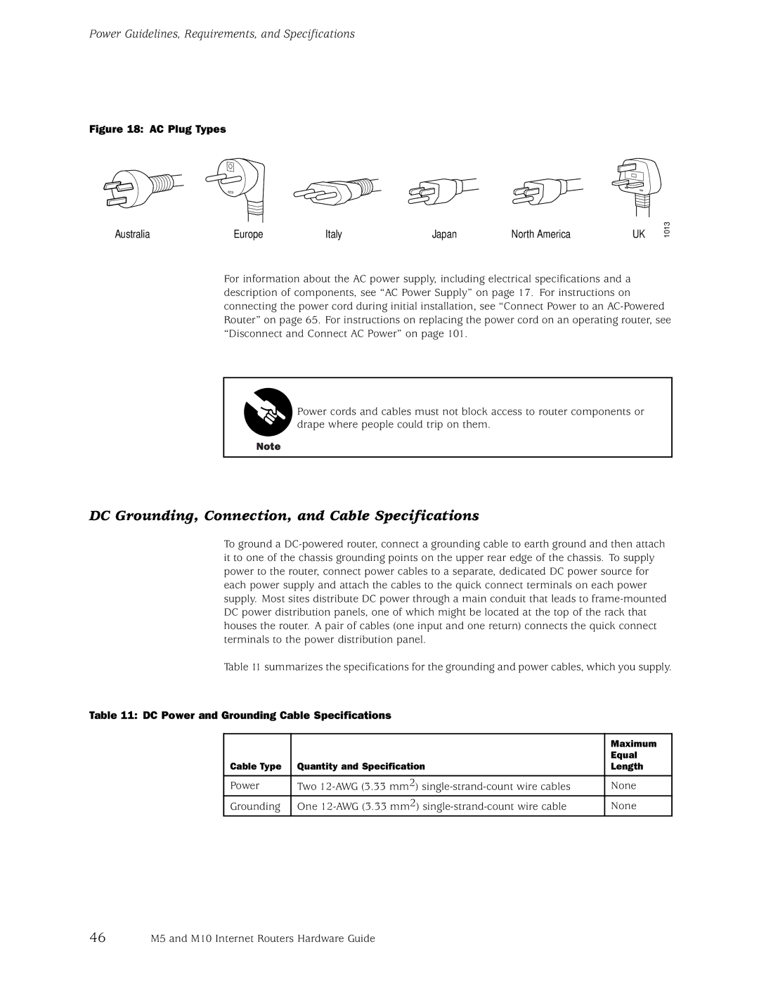 Juniper Networks M10, M5 DC Grounding, Connection, and Cable Specifications, DC Power and Grounding Cable Specifications 