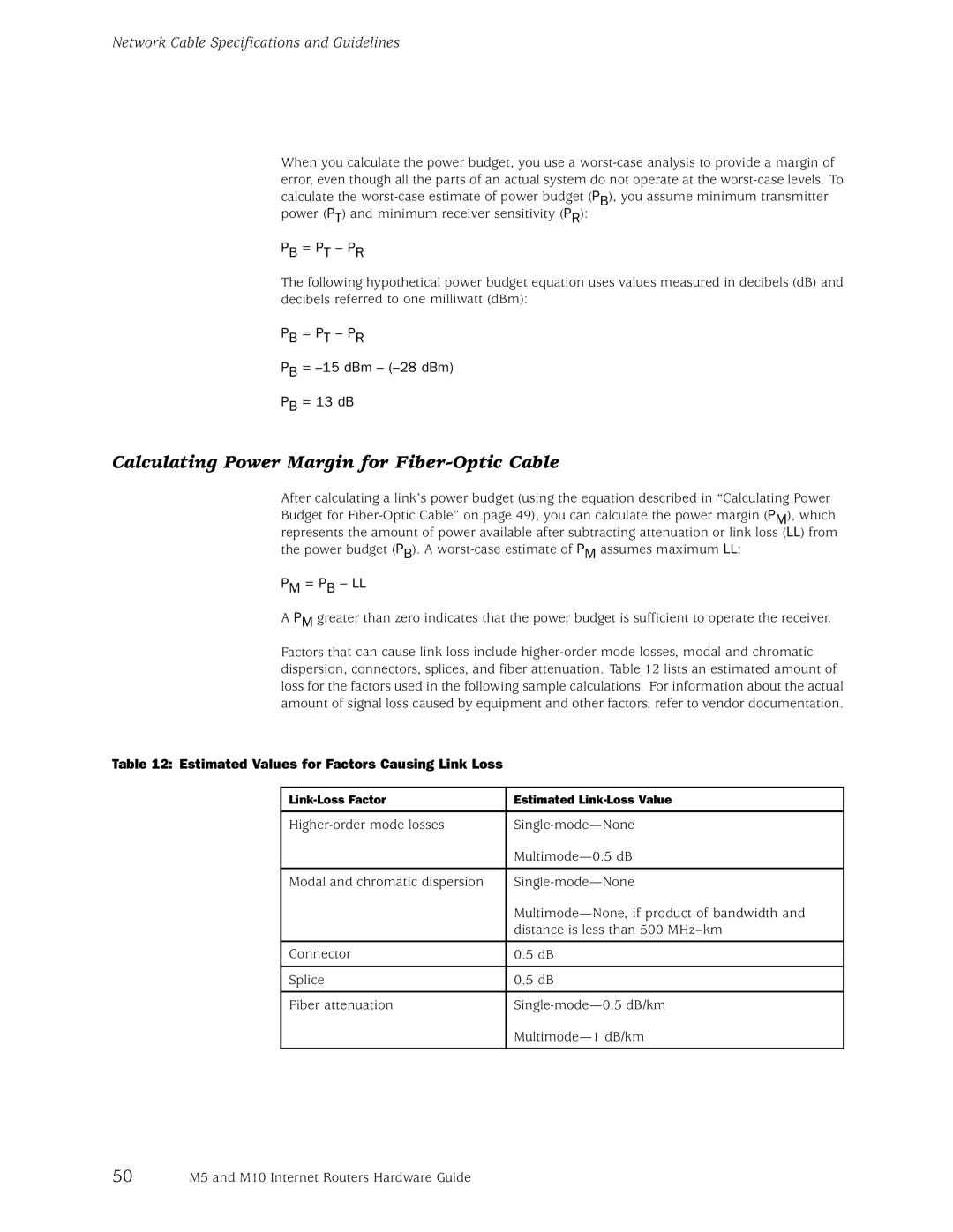 Juniper Networks M10, M5 Calculating Power Margin for Fiber-Optic Cable, Estimated Values for Factors Causing Link Loss 