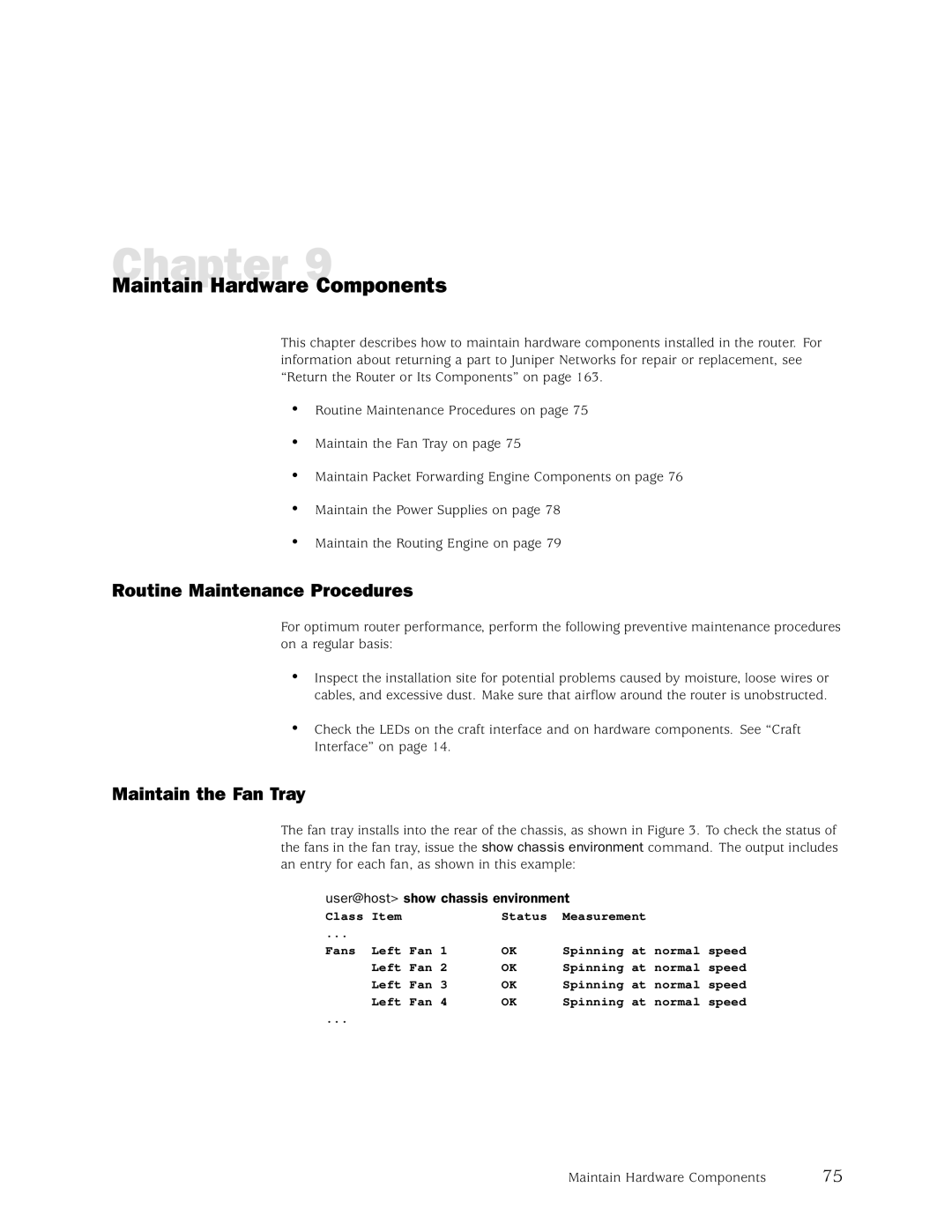 Juniper Networks M5, M10 manual Maintain Hardware Components, Routine Maintenance Procedures, Maintain the Fan Tray 