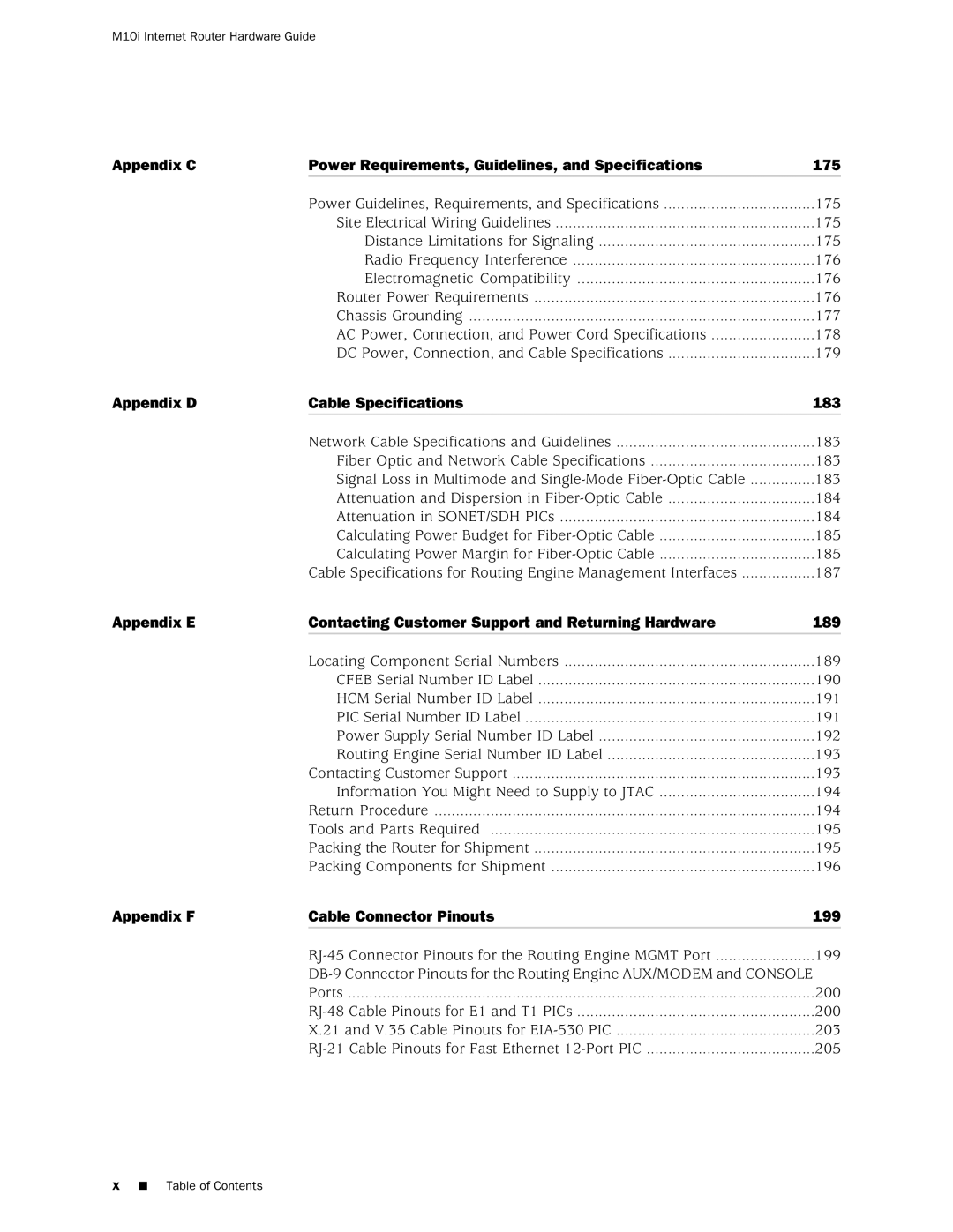 Juniper Networks M10i manual 175, 183, 189, 199 