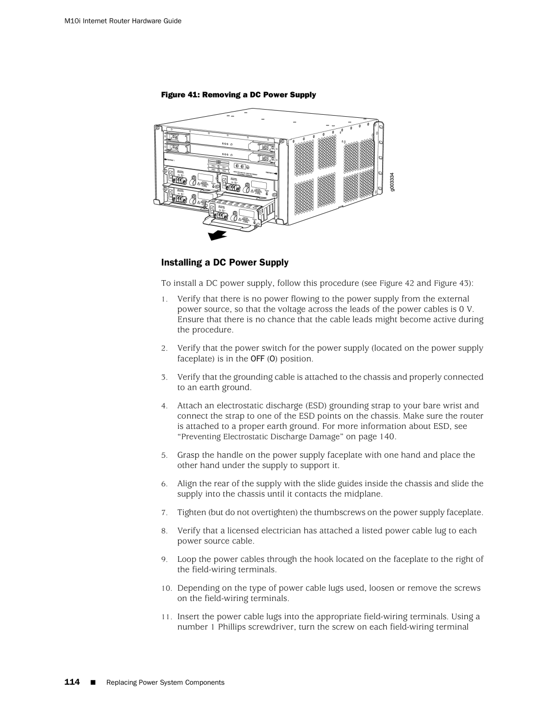 Juniper Networks M10i manual Installing a DC Power Supply, Removing a DC Power Supply 