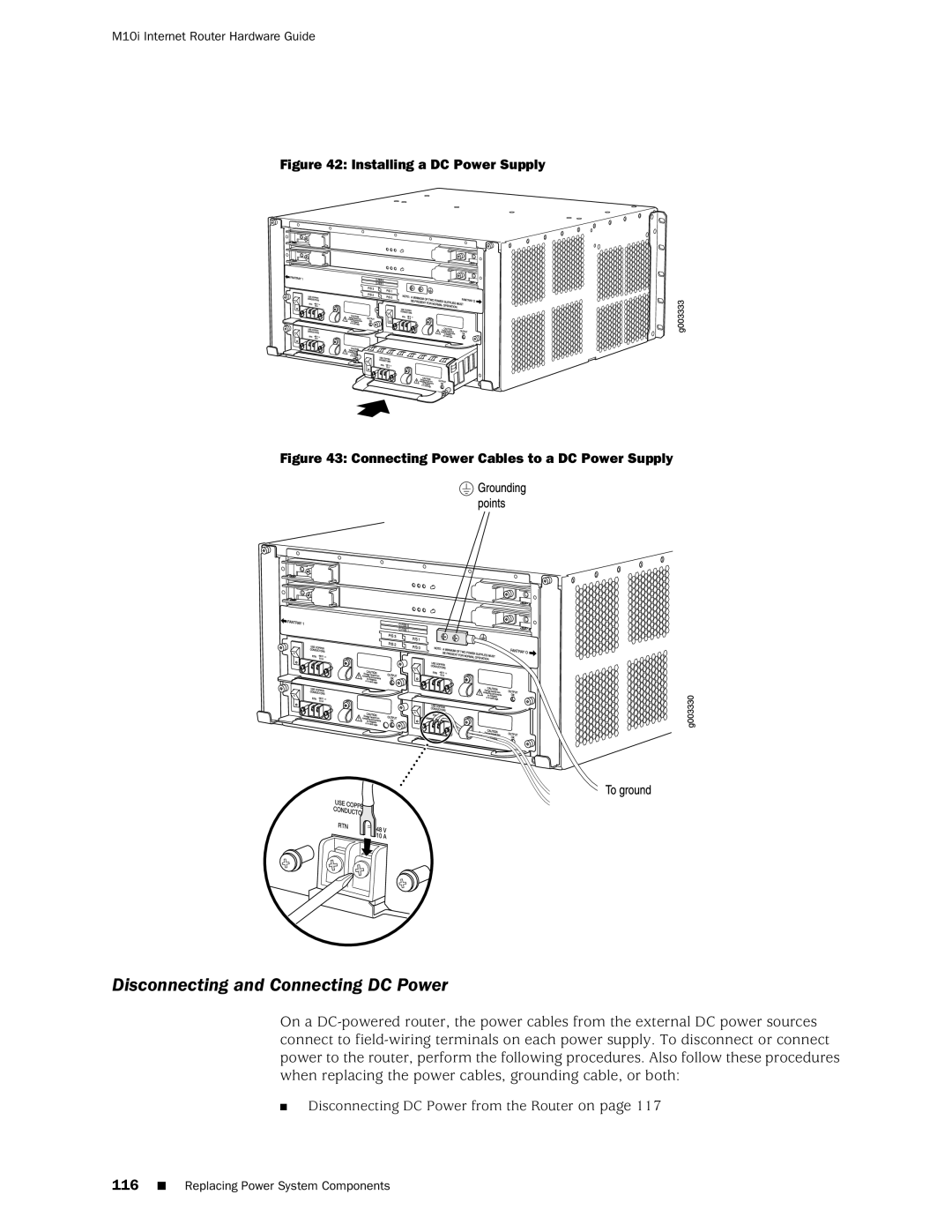 Juniper Networks M10i manual Disconnecting and Connecting DC Power, Installing a DC Power Supply 