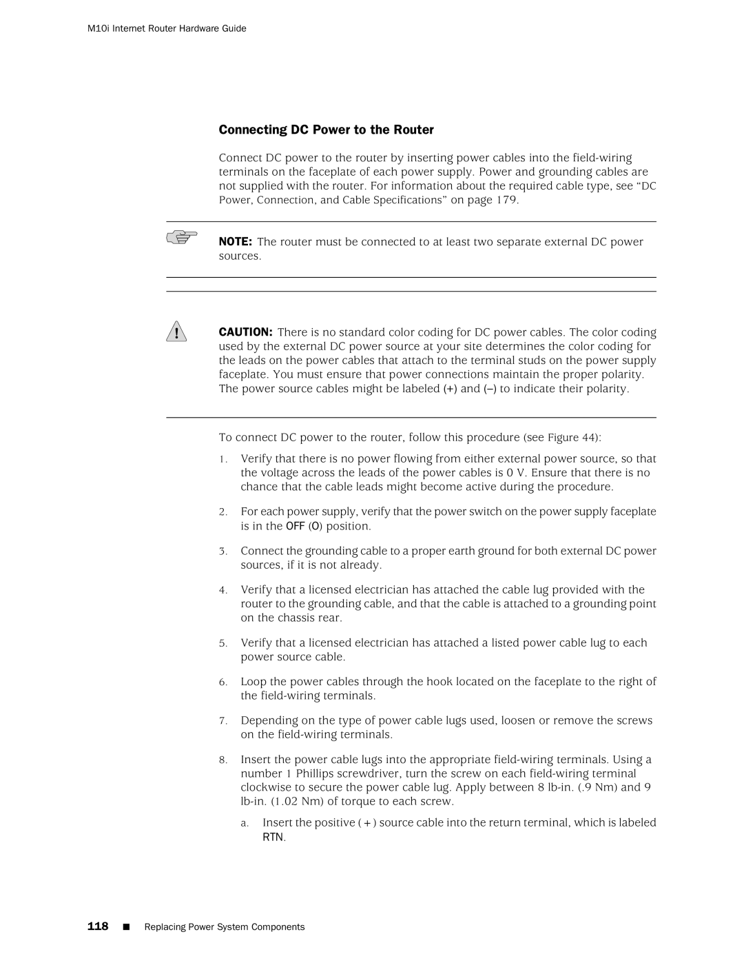 Juniper Networks M10i manual Connecting DC Power to the Router 