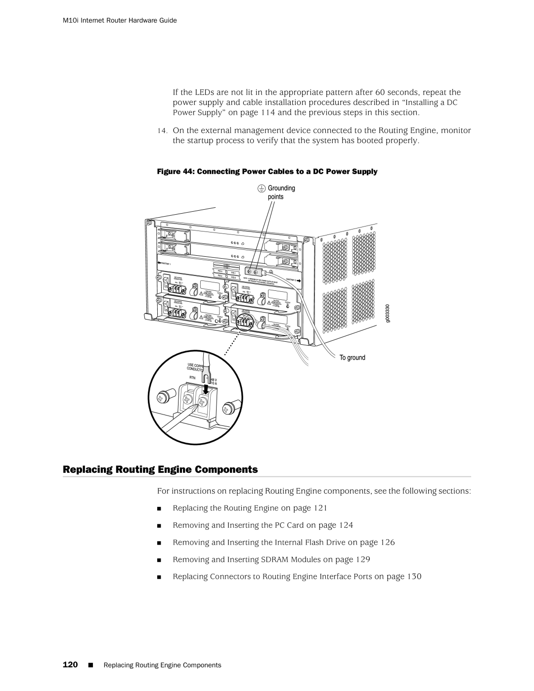 Juniper Networks M10i manual Replacing Routing Engine Components, Connecting Power Cables to a DC Power Supply 