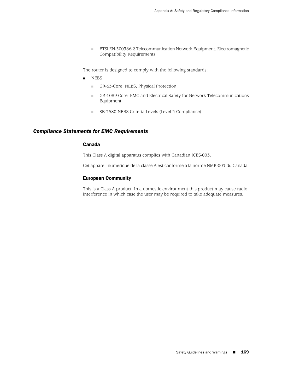 Juniper Networks M10i manual Compliance Statements for EMC Requirements, Canada, European Community 