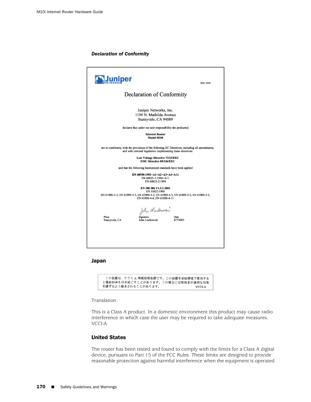 Juniper Networks M10i manual Japan, United States, Declaration of Conformity 