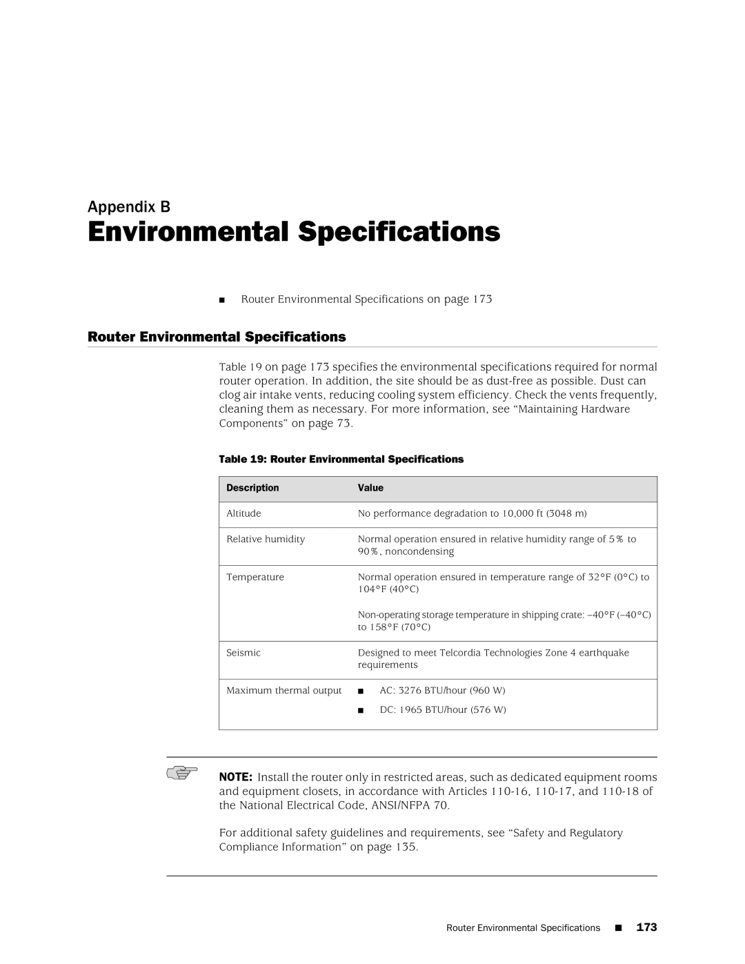 Juniper Networks M10i manual Router Environmental Specifications 