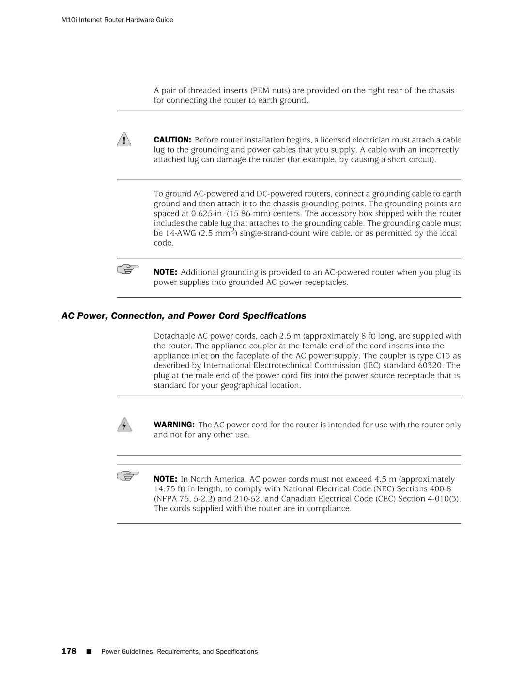 Juniper Networks M10i manual AC Power, Connection, and Power Cord Specifications 