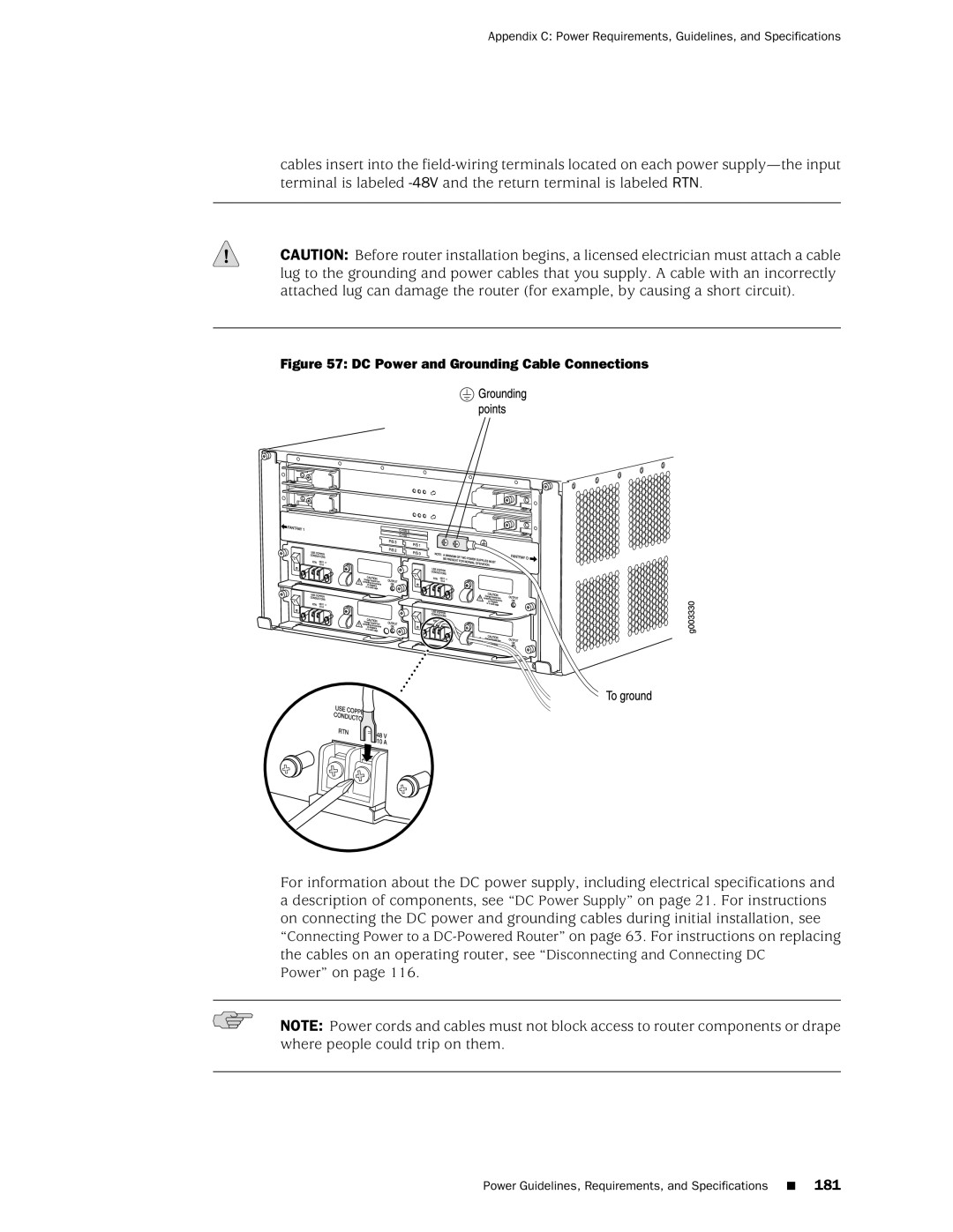 Juniper Networks M10i manual DC Power and Grounding Cable Connections 