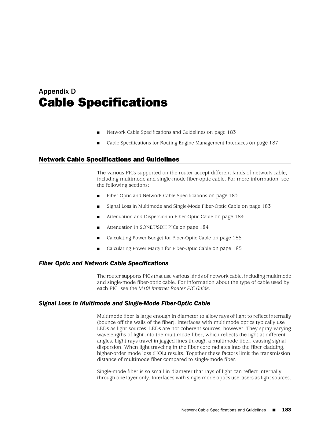 Juniper Networks M10i manual Network Cable Specifications and Guidelines, Fiber Optic and Network Cable Specifications 