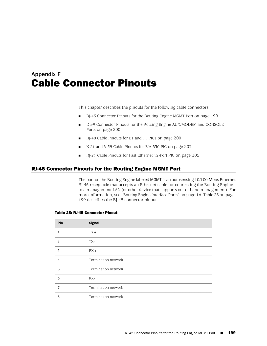 Juniper Networks M10i manual Cable Connector Pinouts, RJ-45 Connector Pinouts for the Routing Engine Mgmt Port 