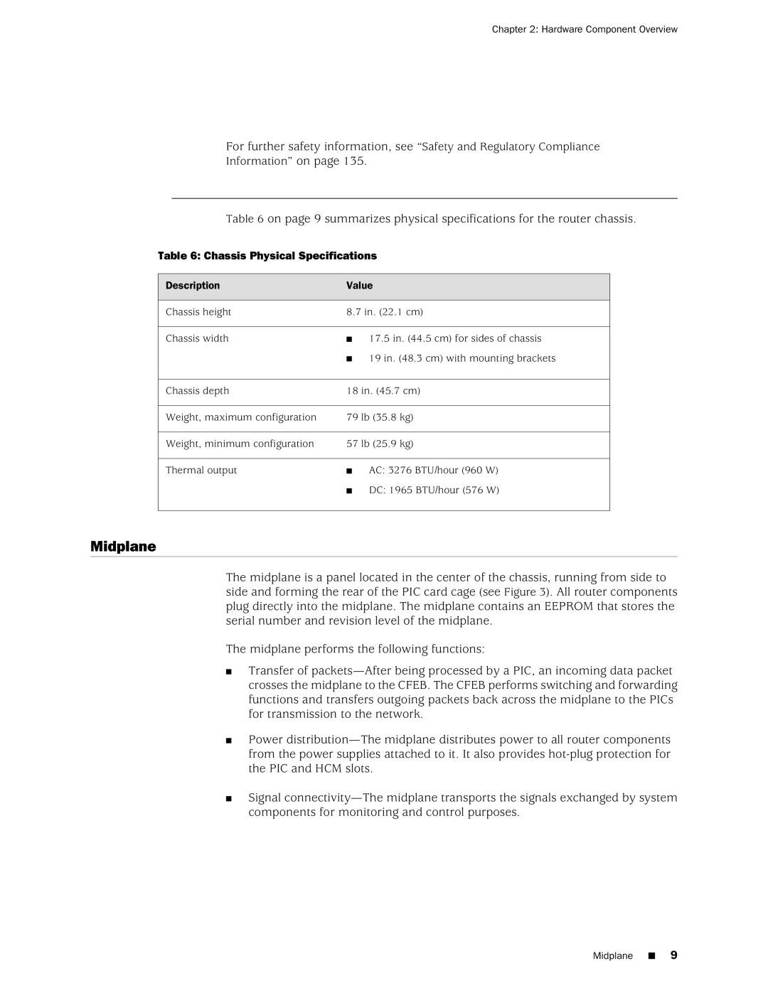 Juniper Networks M10i manual Midplane, Chassis Physical Specifications 