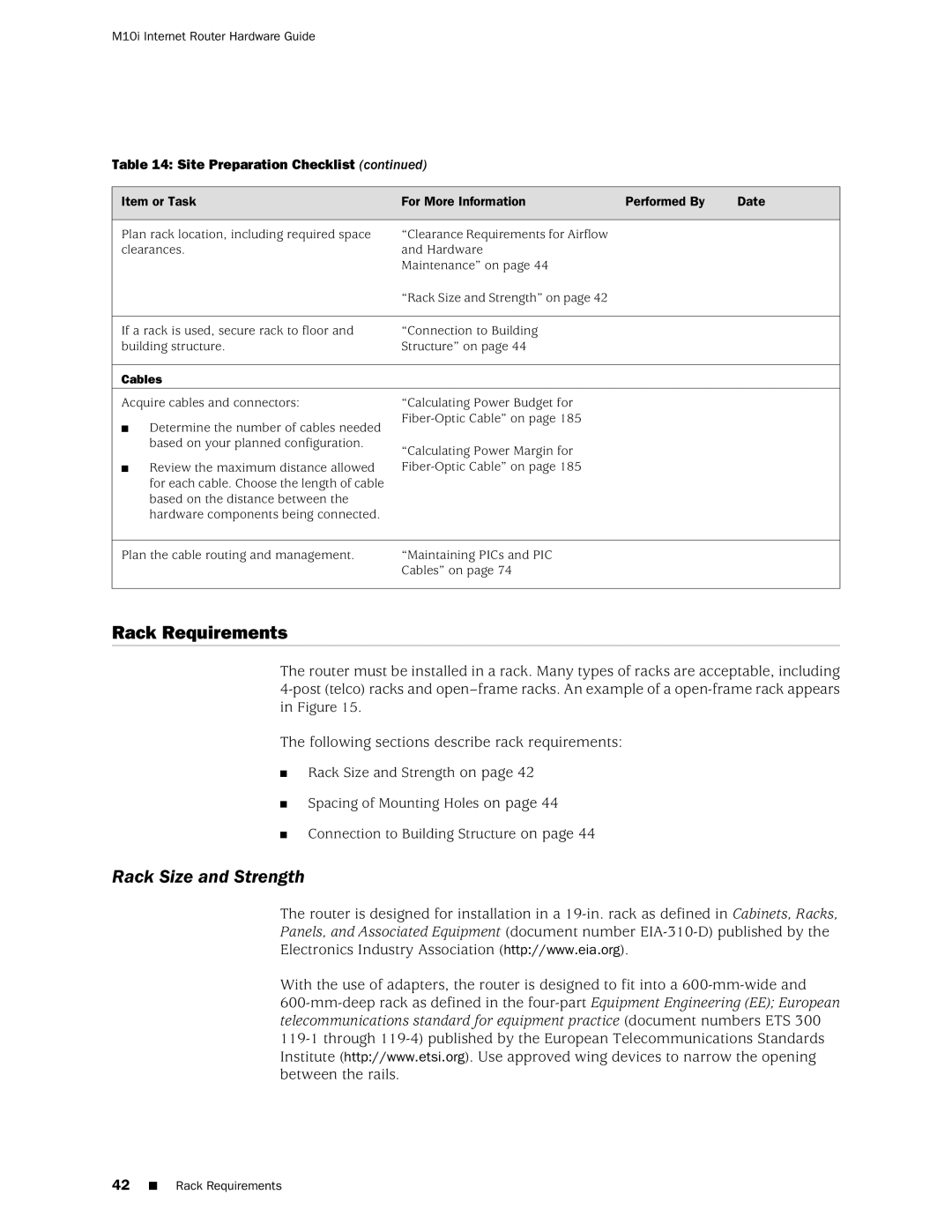 Juniper Networks M10i manual Rack Requirements, Rack Size and Strength 