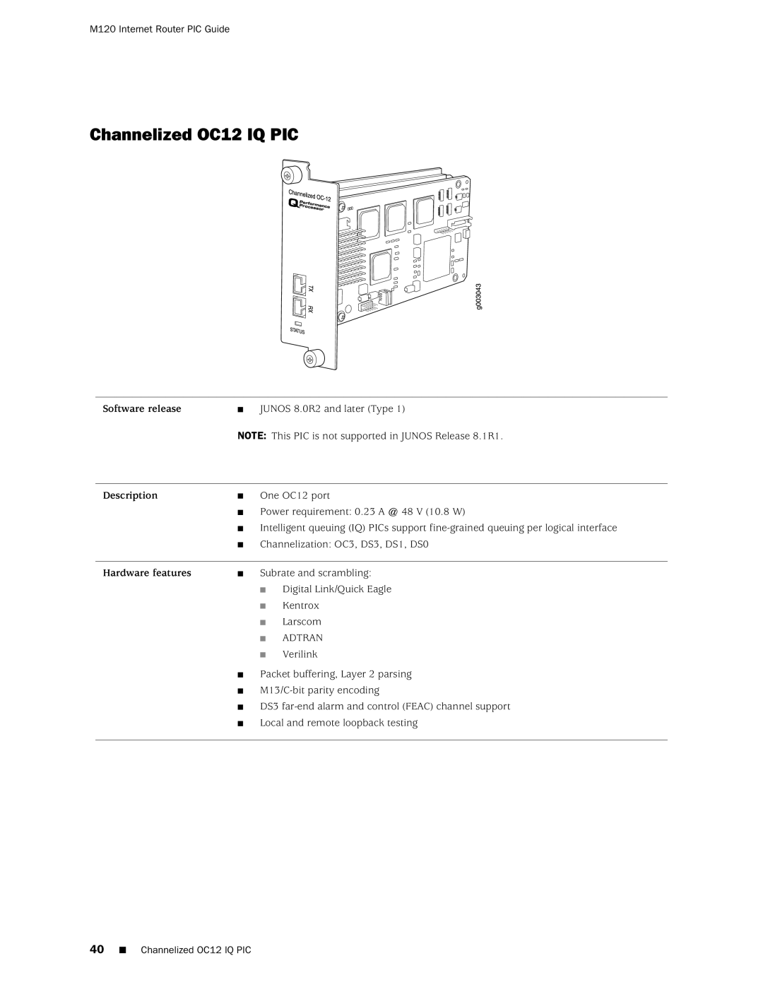 Juniper Networks M120 manual Channelized OC12 IQ PIC 