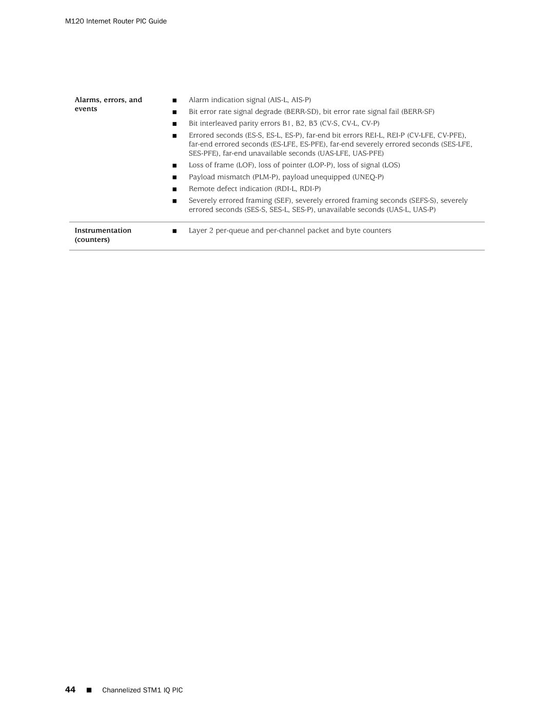 Juniper Networks M120 manual Alarms, errors, and events Instrumentation counters 