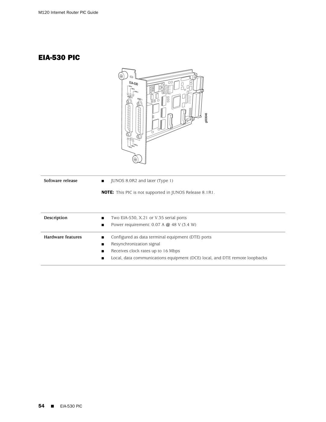 Juniper Networks M120 manual EIA-530 PIC 