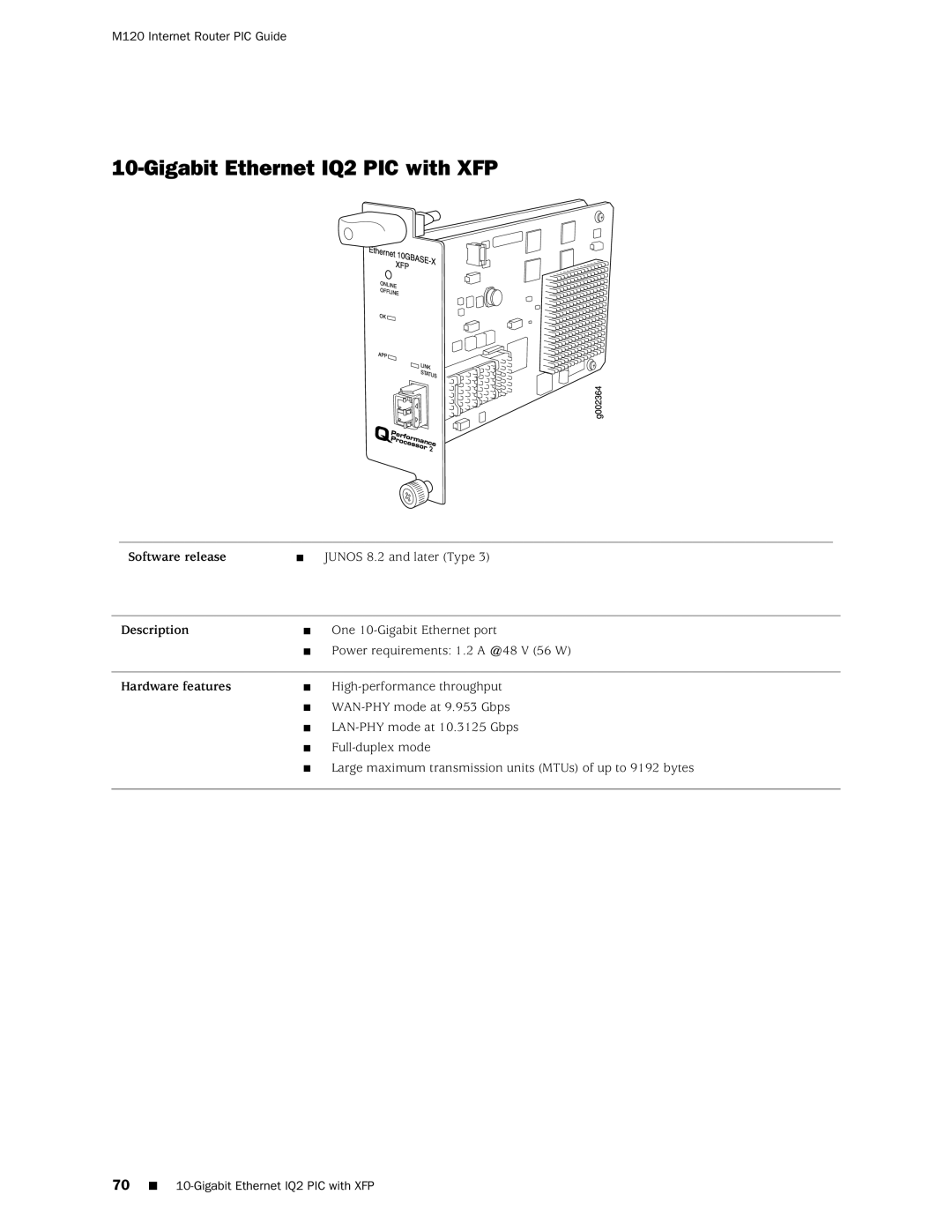 Juniper Networks M120 manual Gigabit Ethernet IQ2 PIC with XFP 