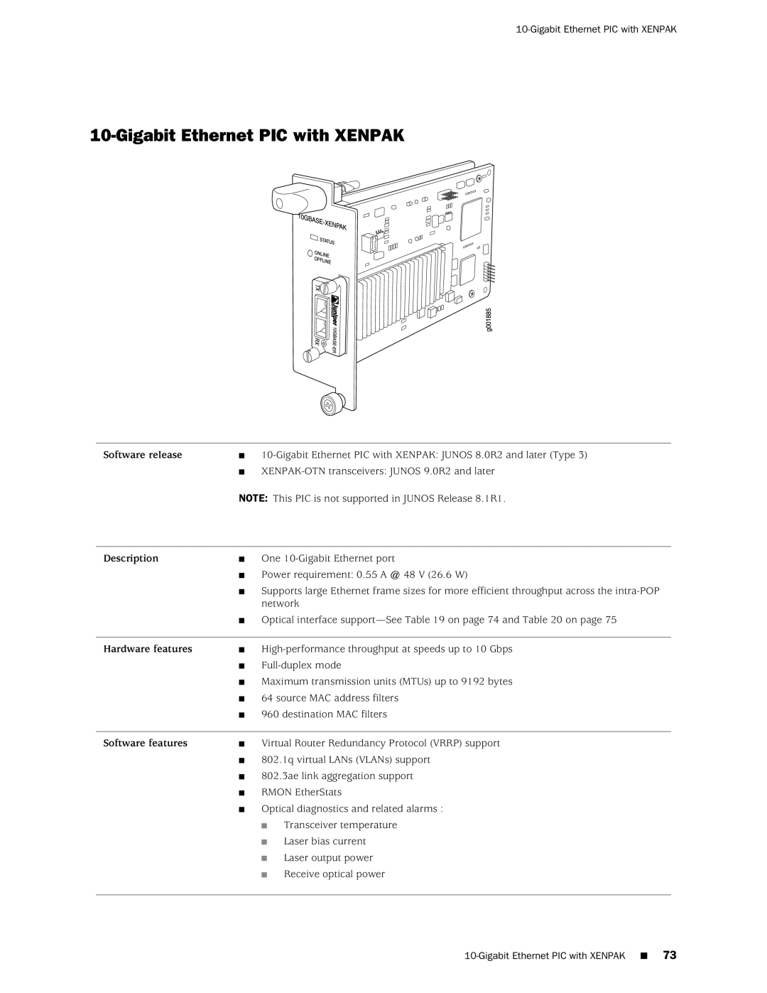 Juniper Networks M120 manual Gigabit Ethernet PIC with Xenpak 