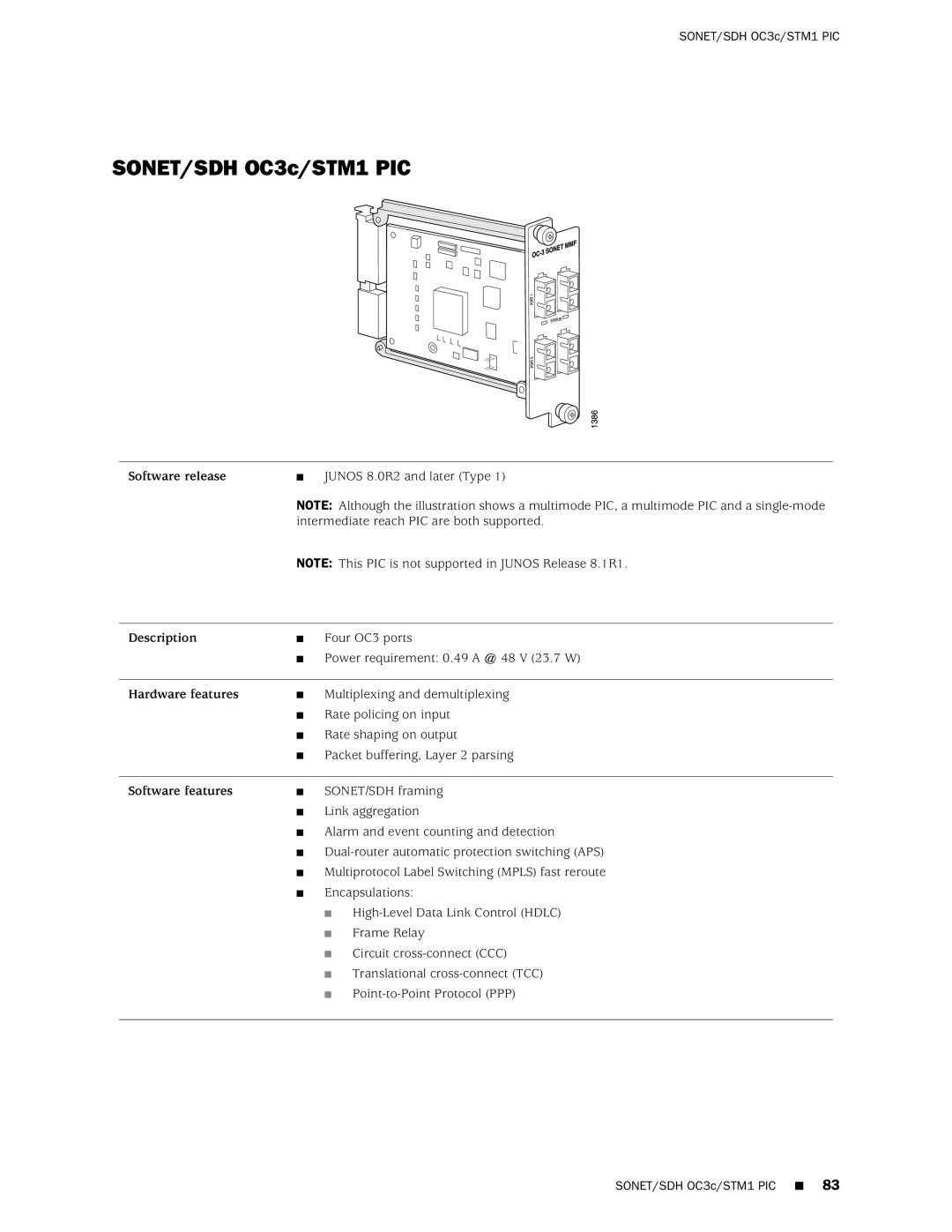 Juniper Networks M120 manual SONET/SDH OC3c/STM1 PIC 