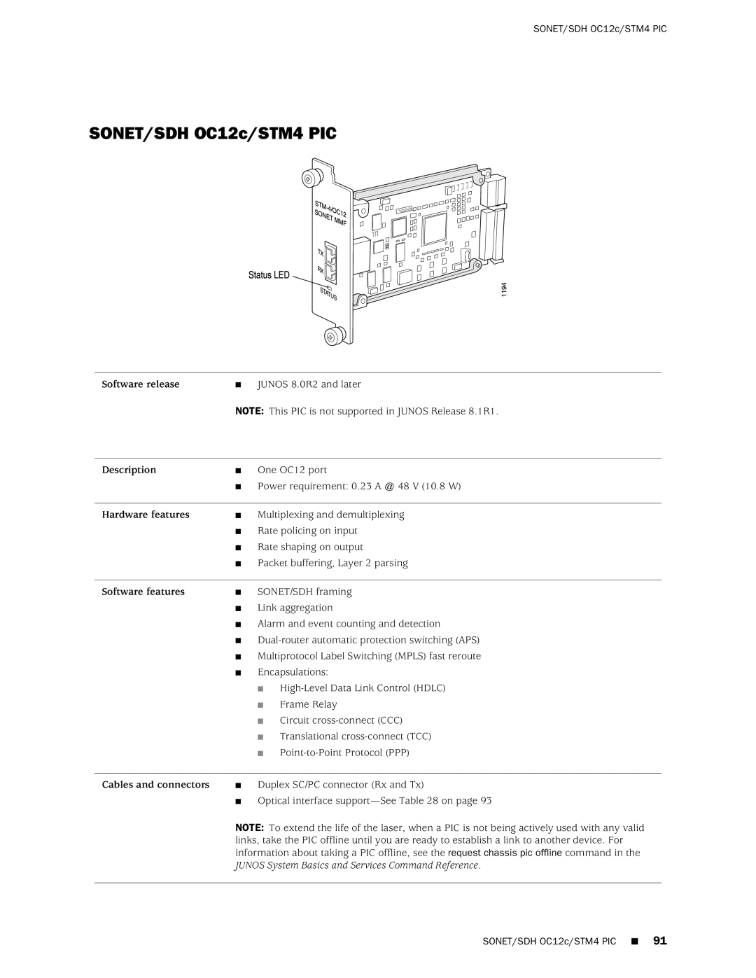 Juniper Networks M120 manual SONET/SDH OC12c/STM4 PIC 