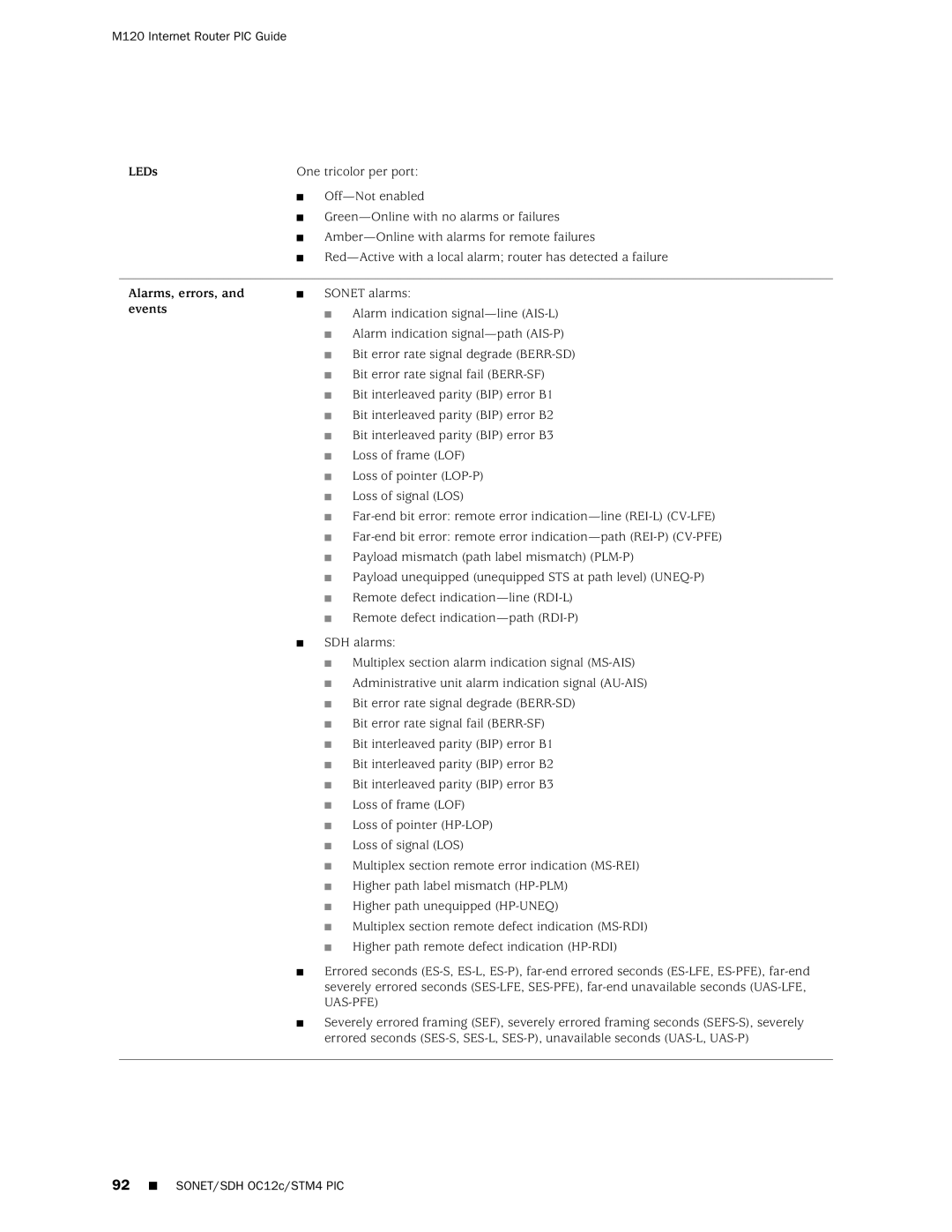 Juniper Networks M120 manual LEDs Alarms, errors, and events 