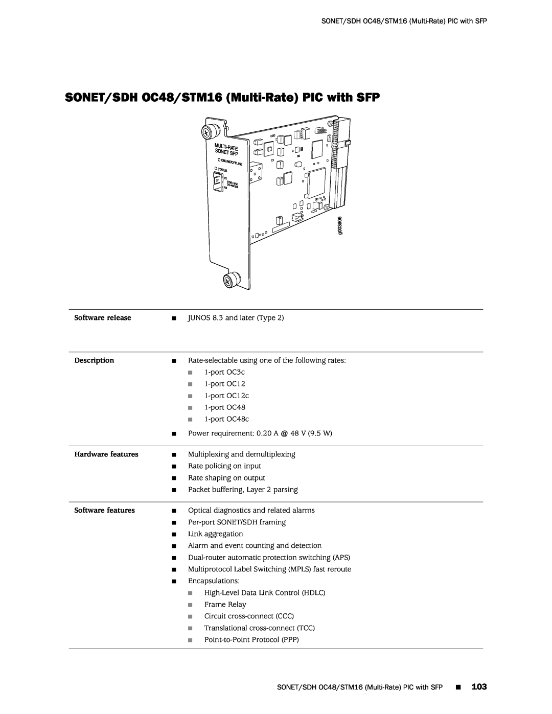 Juniper Networks M120 manual SONET/SDH OC48/STM16 Multi-Rate PIC with SFP, Software release, Description, Hardware features 