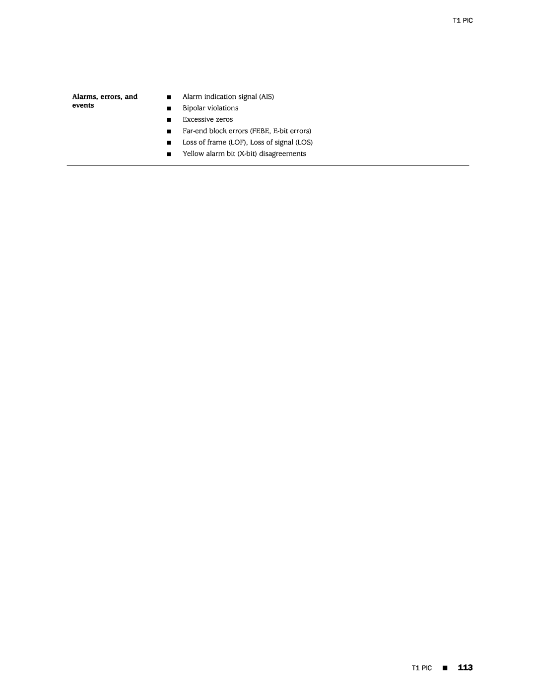 Juniper Networks M120 manual T1 PIC, Alarms, errors, and events 