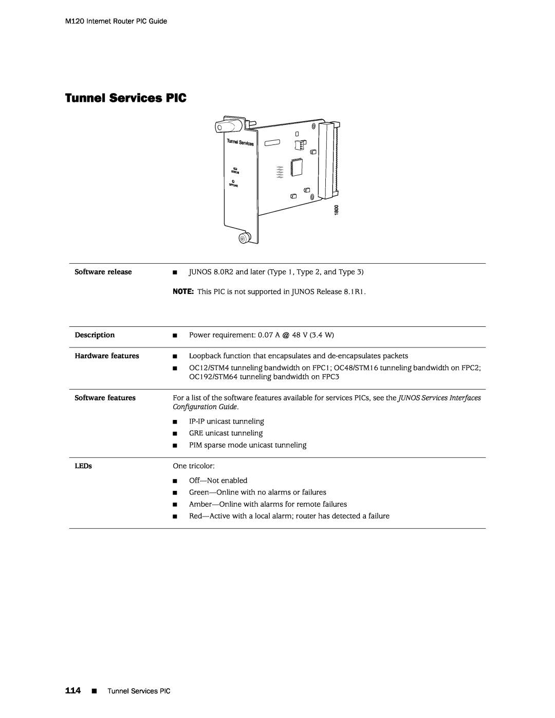 Juniper Networks M120 manual Tunnel Services PIC, Configuration Guide 