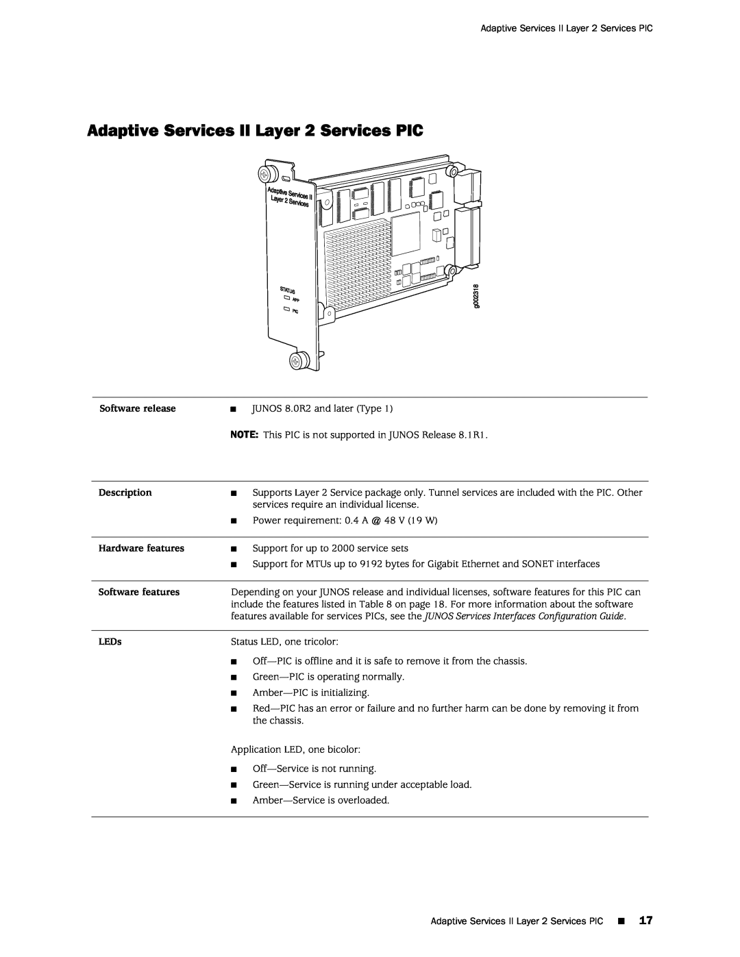 Juniper Networks M120 Adaptive Services II Layer 2 Services PIC, Software release, Description, Hardware features, LEDs 