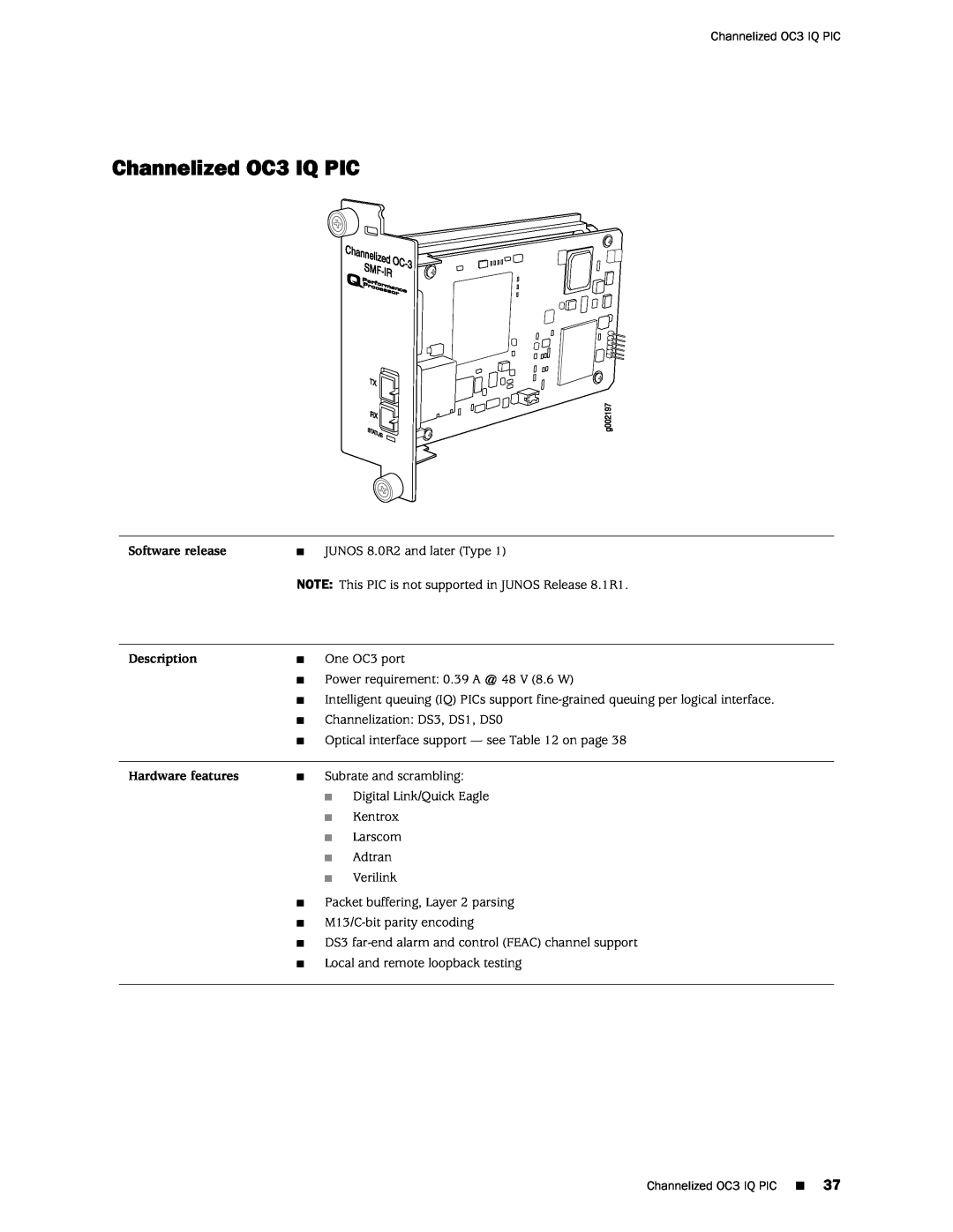 Juniper Networks M120 manual Channelized OC3 IQ PIC, Software release, Description, Hardware features 