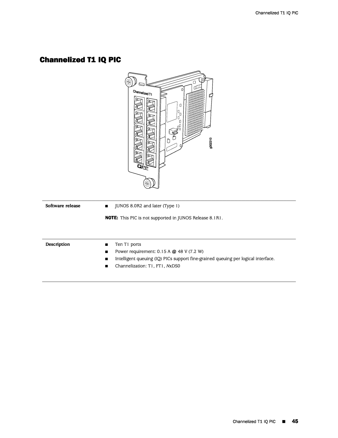 Juniper Networks M120 manual Channelized T1 IQ PIC, Software release, Description 