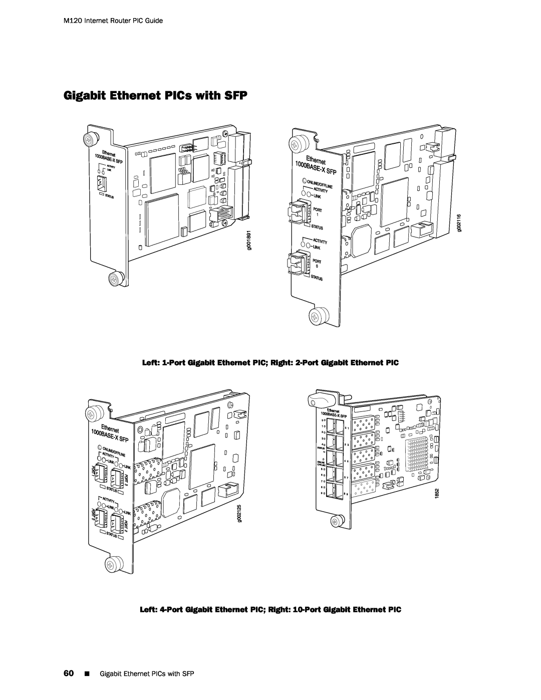 Juniper Networks M120 Gigabit Ethernet PICs with SFP, Left 1-Port Gigabit Ethernet PIC Right 2-Port Gigabit Ethernet PIC 