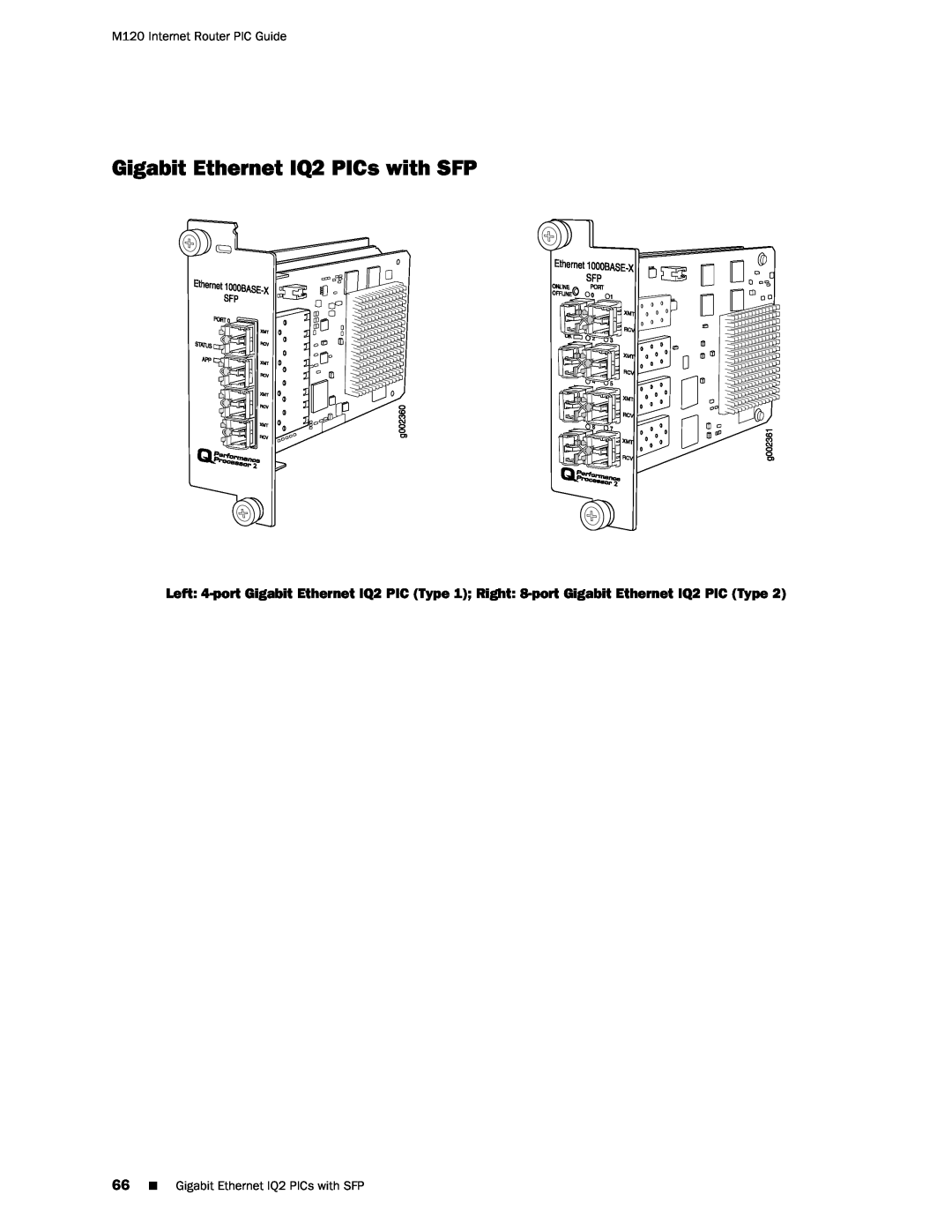 Juniper Networks manual Gigabit Ethernet IQ2 PICs with SFP, M120 Internet Router PIC Guide 