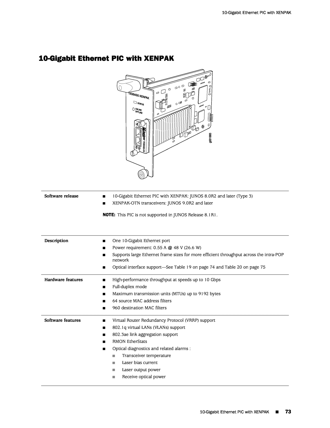 Juniper Networks M120 manual Gigabit Ethernet PIC with XENPAK, Software release, Description, Hardware features 