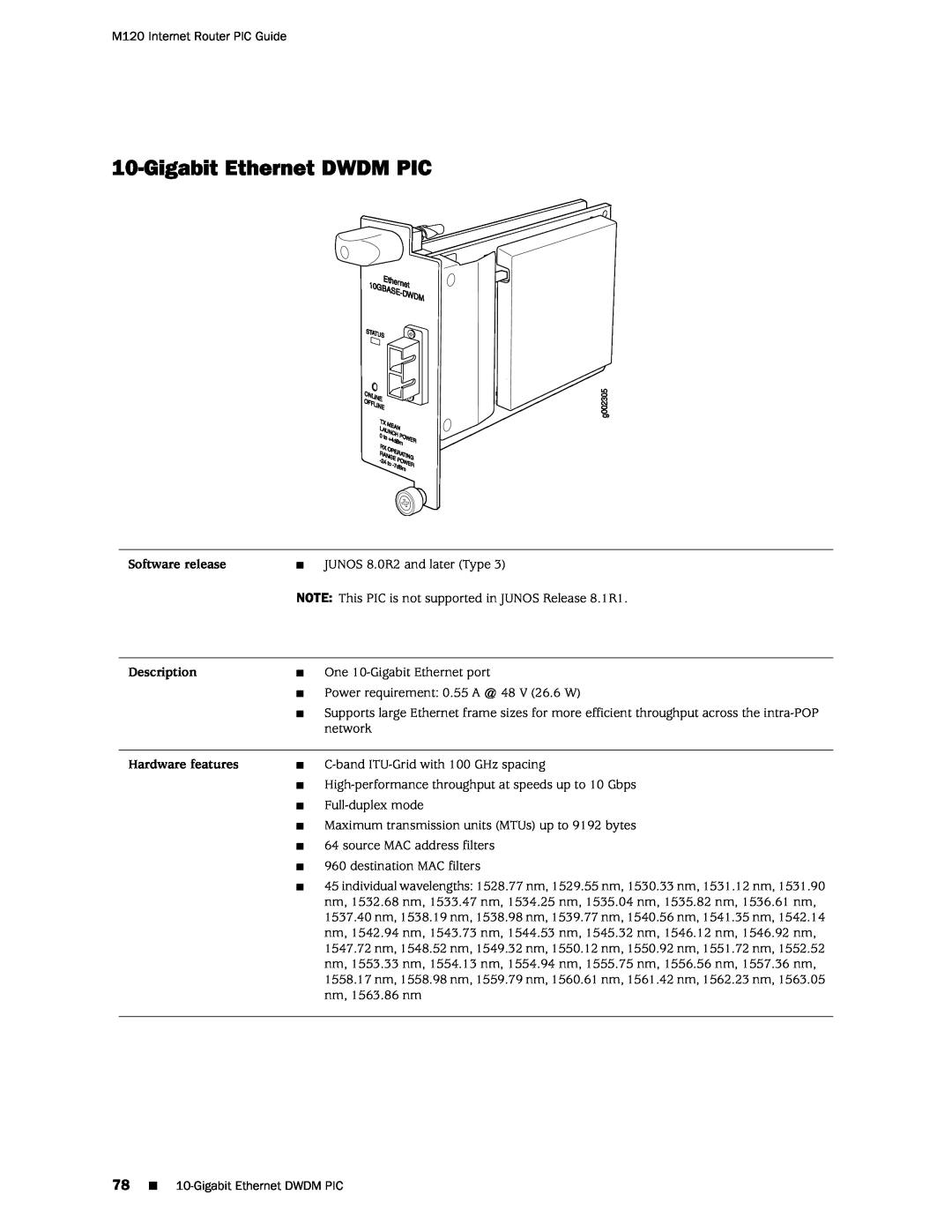 Juniper Networks M120 manual Gigabit Ethernet DWDM PIC, Software release, Description, Hardware features 