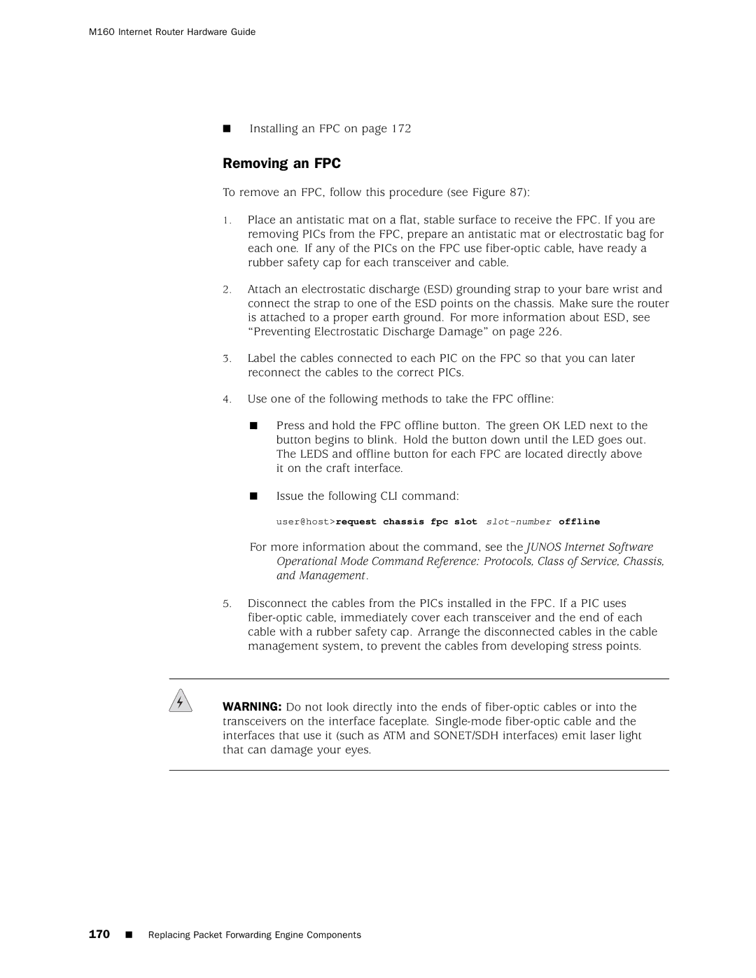 Juniper Networks M160 manual Removing an FPC 