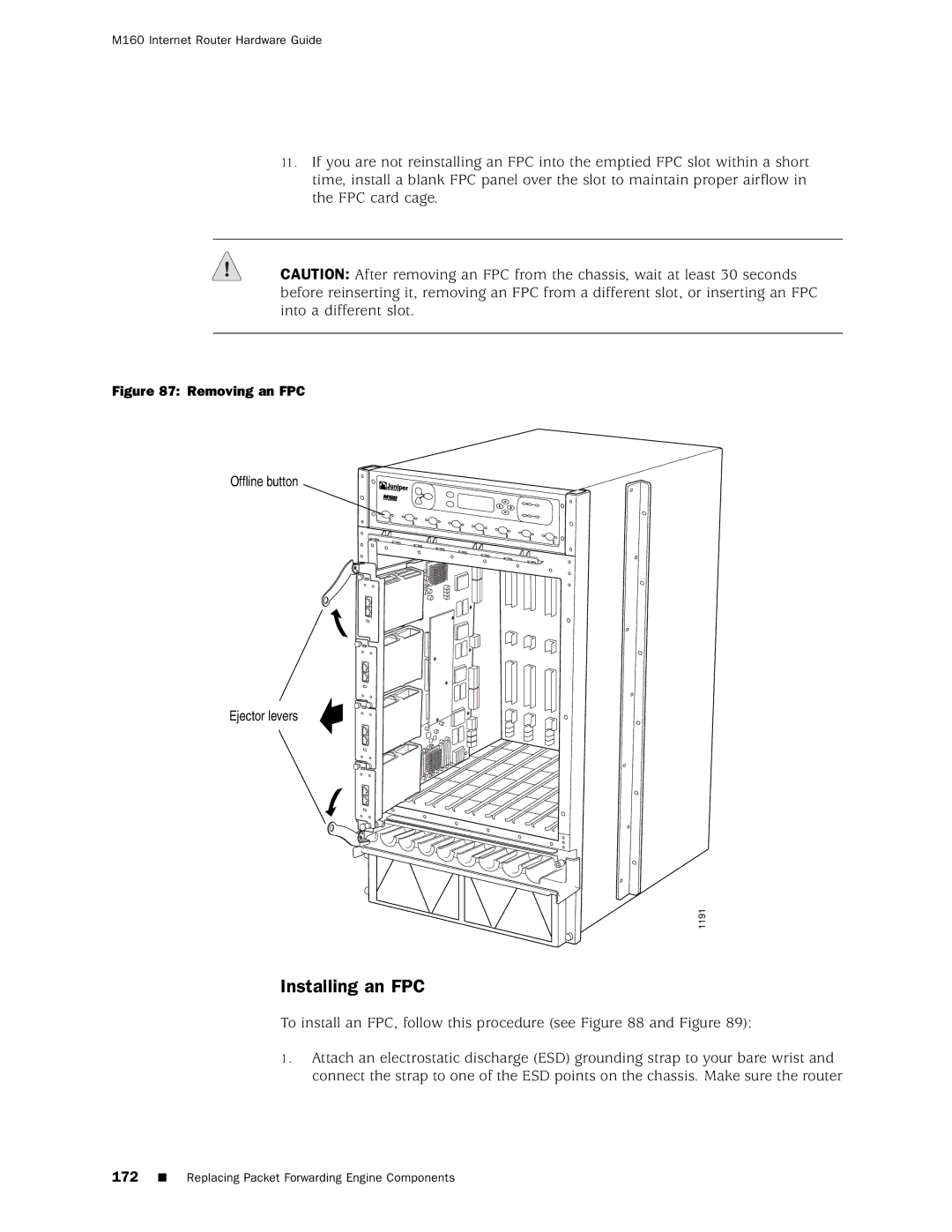 Juniper Networks M160 manual Installing an FPC, Removing an FPC 