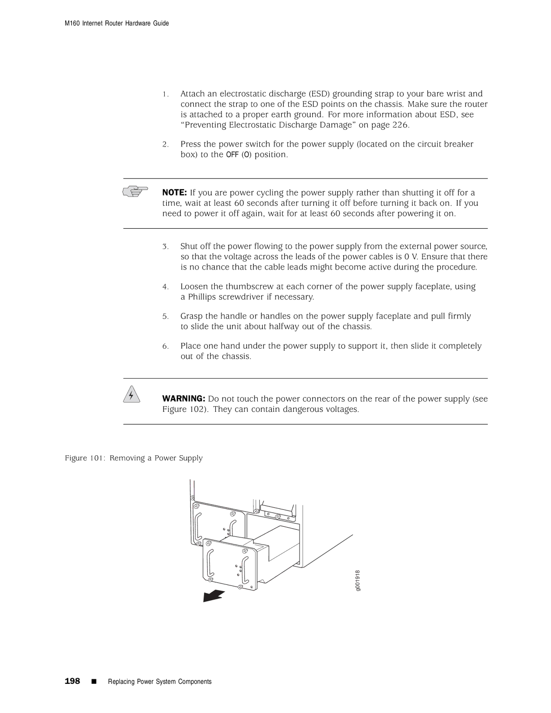 Juniper Networks M160 manual Removing a Power Supply 