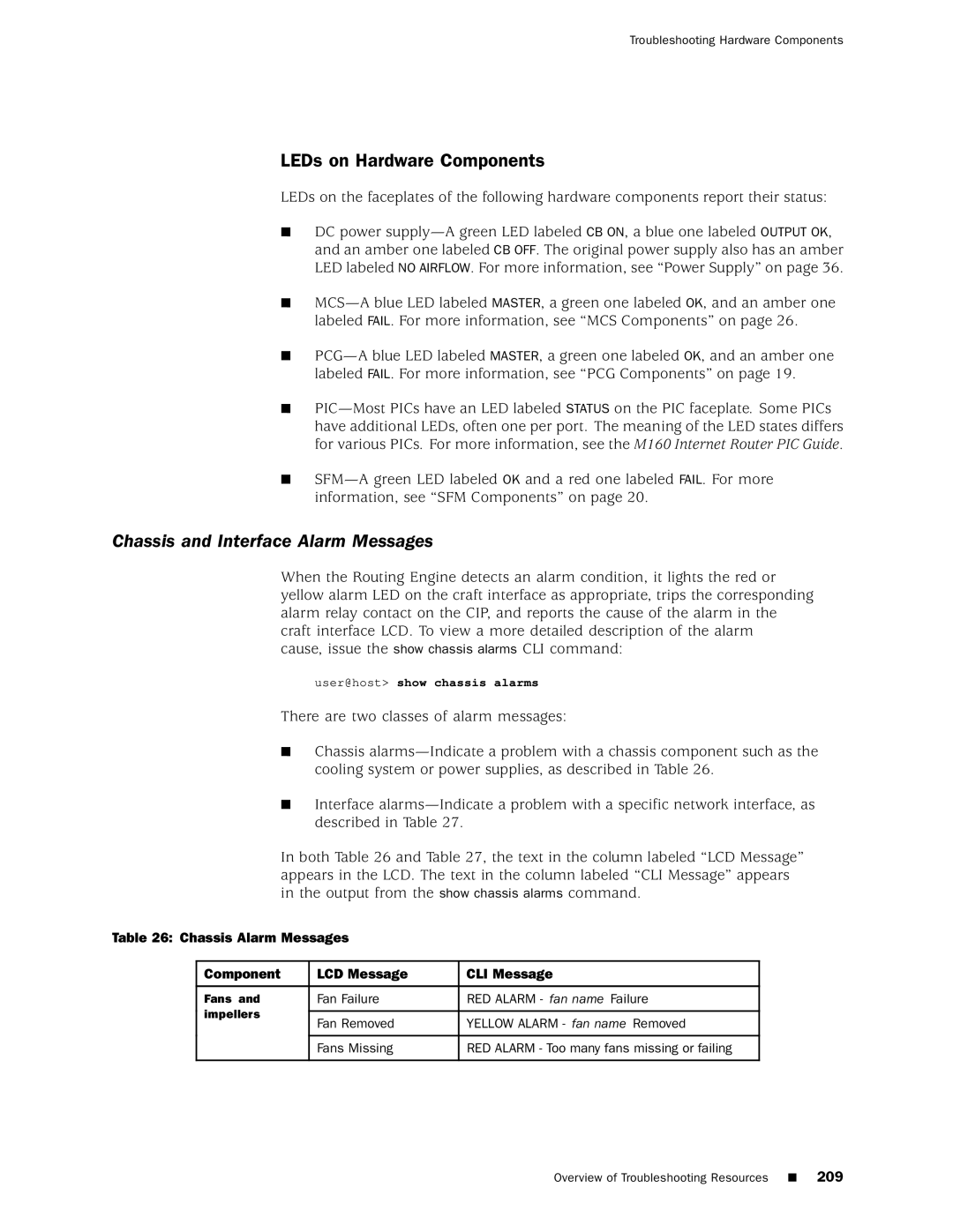 Juniper Networks M160 manual LEDs on Hardware Components, Chassis and Interface Alarm Messages 