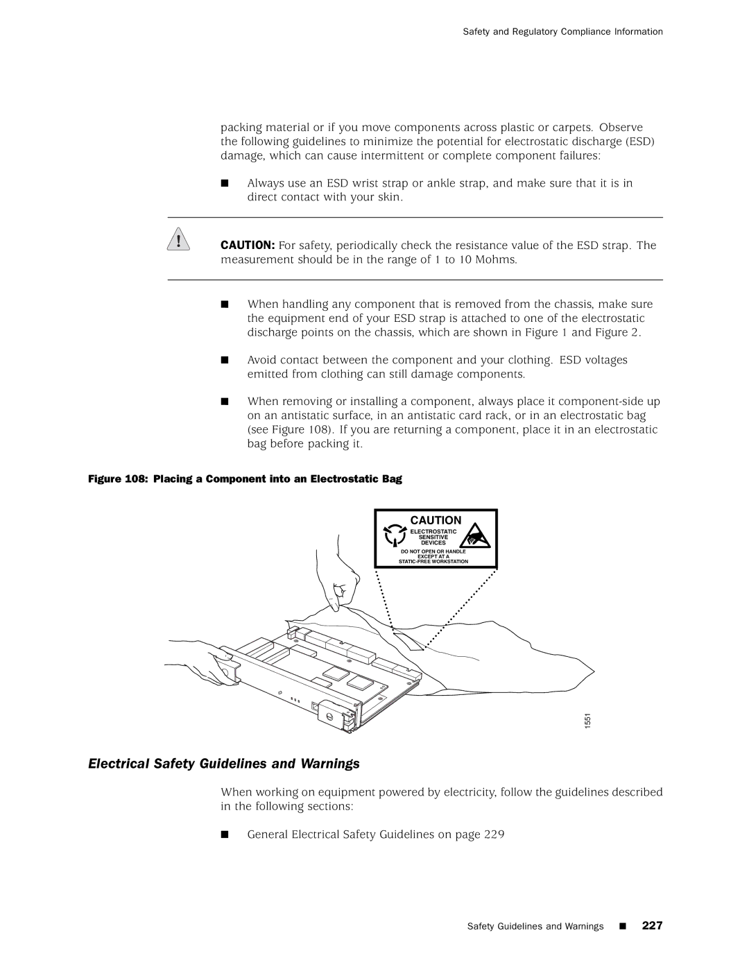 Juniper Networks M160 manual Electrical Safety Guidelines and Warnings, Placing a Component into an Electrostatic Bag 