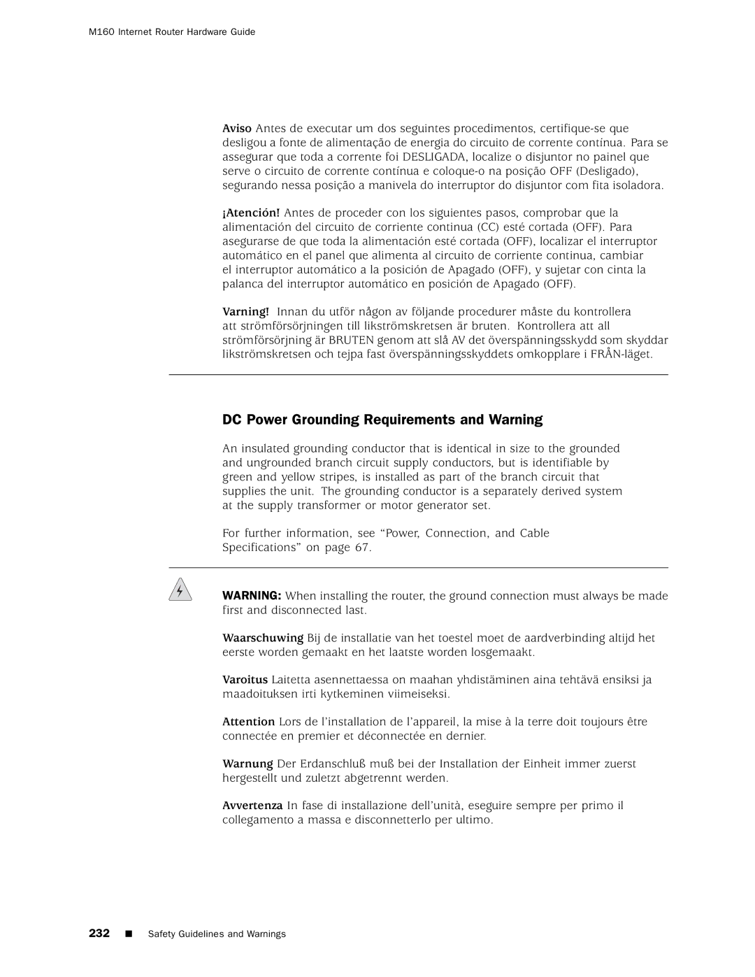 Juniper Networks M160 manual DC Power Grounding Requirements and Warning 