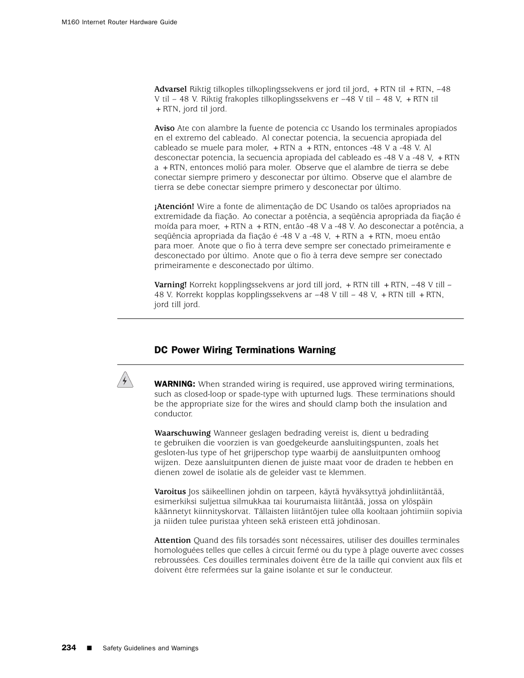 Juniper Networks M160 manual DC Power Wiring Terminations Warning 