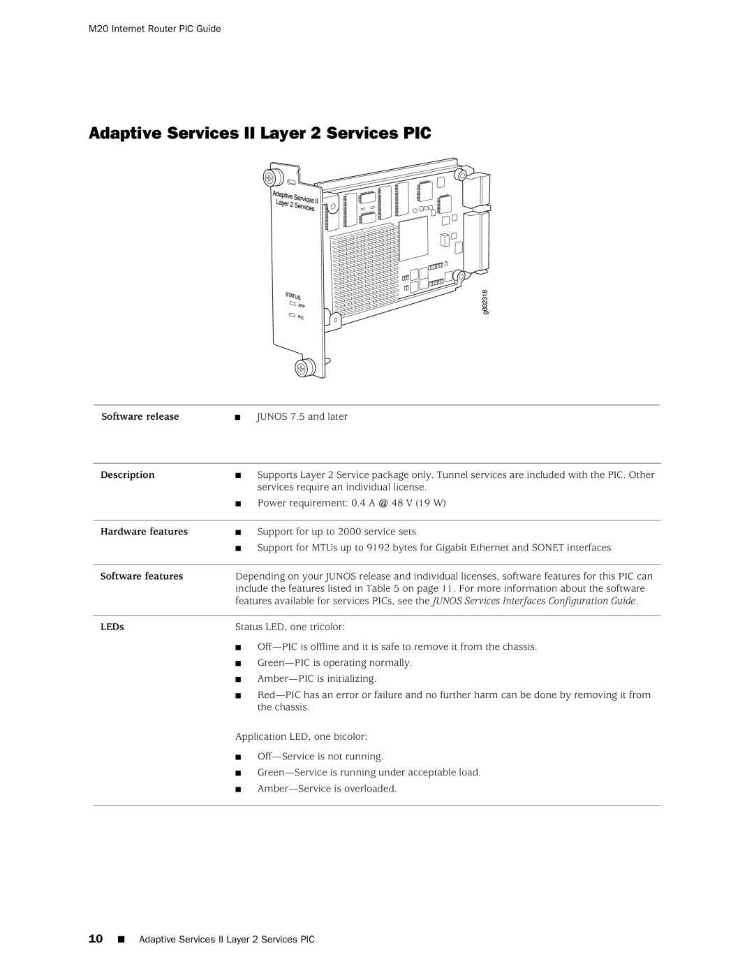 Juniper Networks M20 manual Adaptive Services II Layer 2 Services PIC 